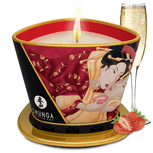 Bougie de massage lueur et caresses - Romance Vin pétillant à la fraise