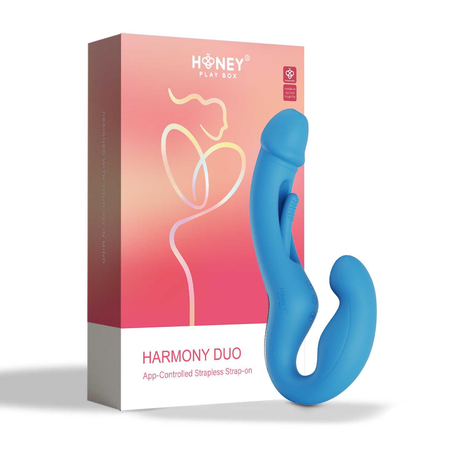 Harmony Duo Strap on vibrant avec tapotage – Bleu