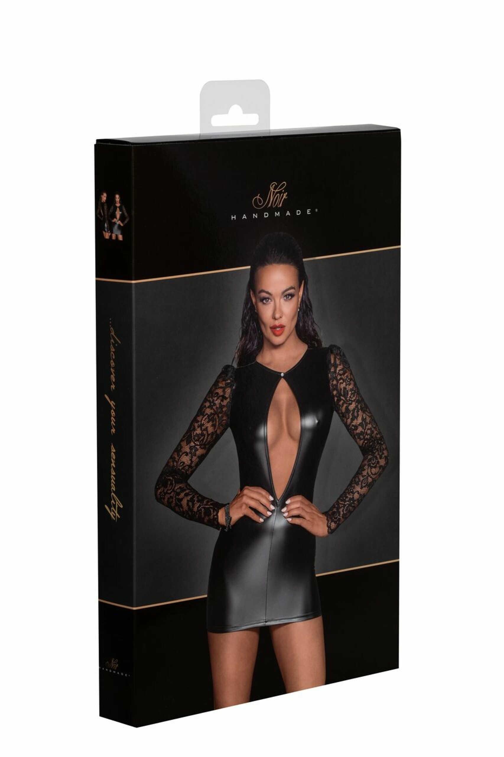 F253 Robe courte en Powerwetlook avec manches en dentelle
