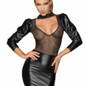 F201 Robe en Powerwetlook et tulle avec manches bouffantes