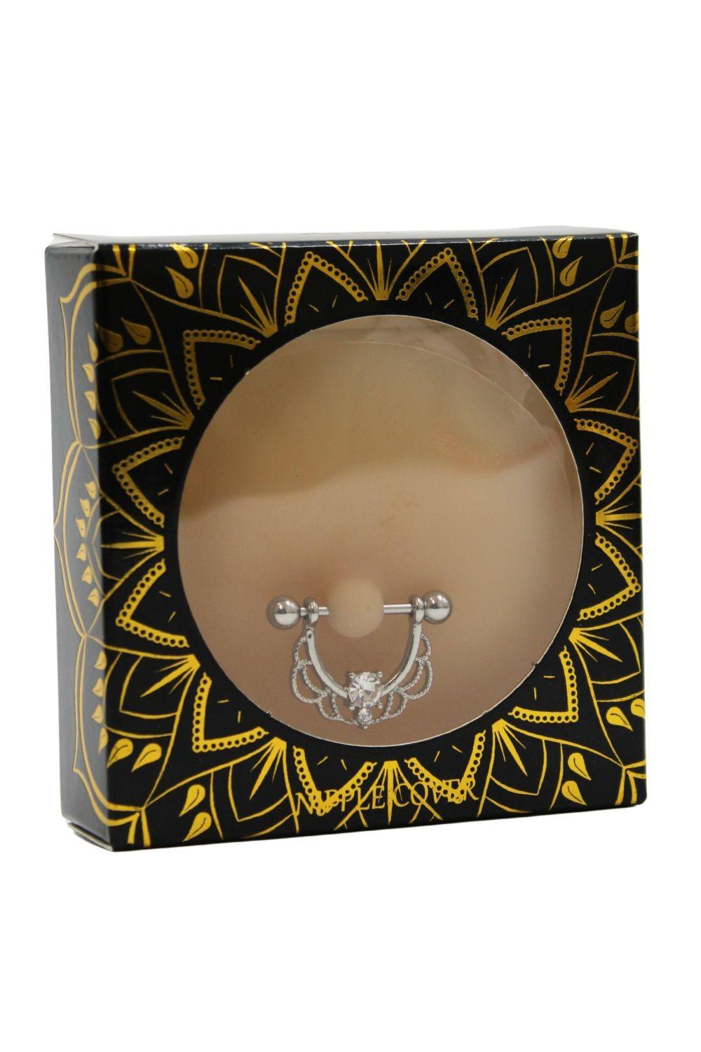Paire de cache-tétons ornés d’un piercing barre en demi-anneau avec strass, pour peau claire. – Image 4