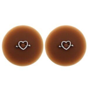 Paire de cache-tétons piercing barre coeur faux diamant peau foncée