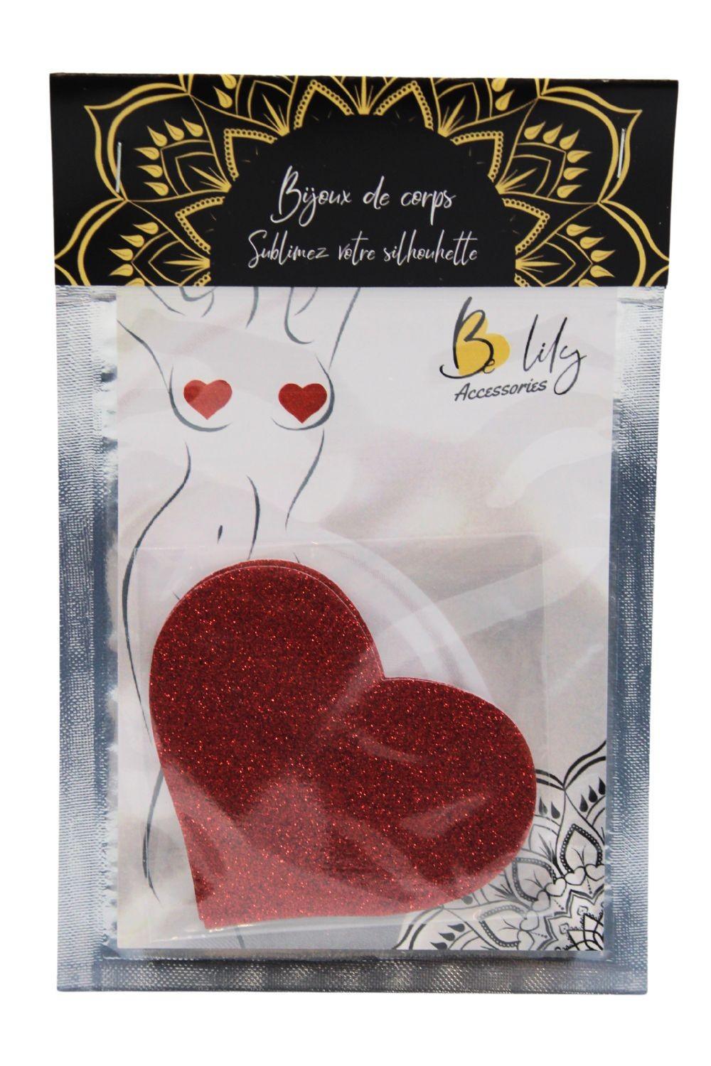 Paire de cache tétons adhésifs coeur pailleté rouge – Image 4