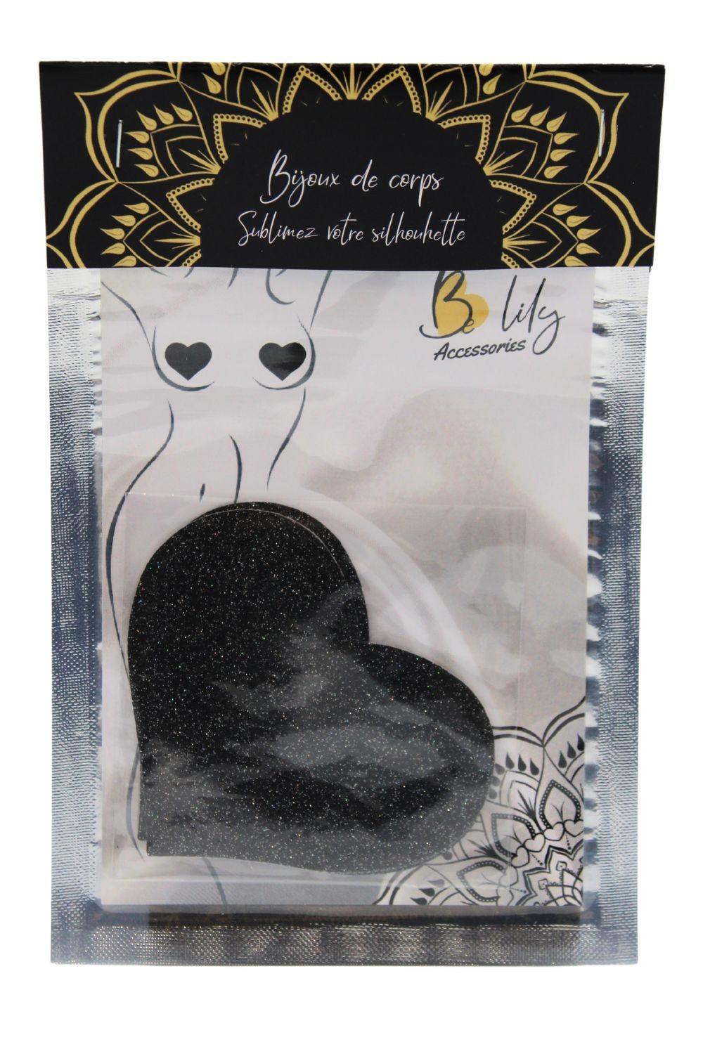Paire de cache tétons adhésifs coeur pailleté noir – Image 4