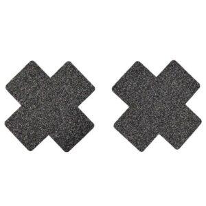 Paire de cache tétons adhésifs croix pailletée noir