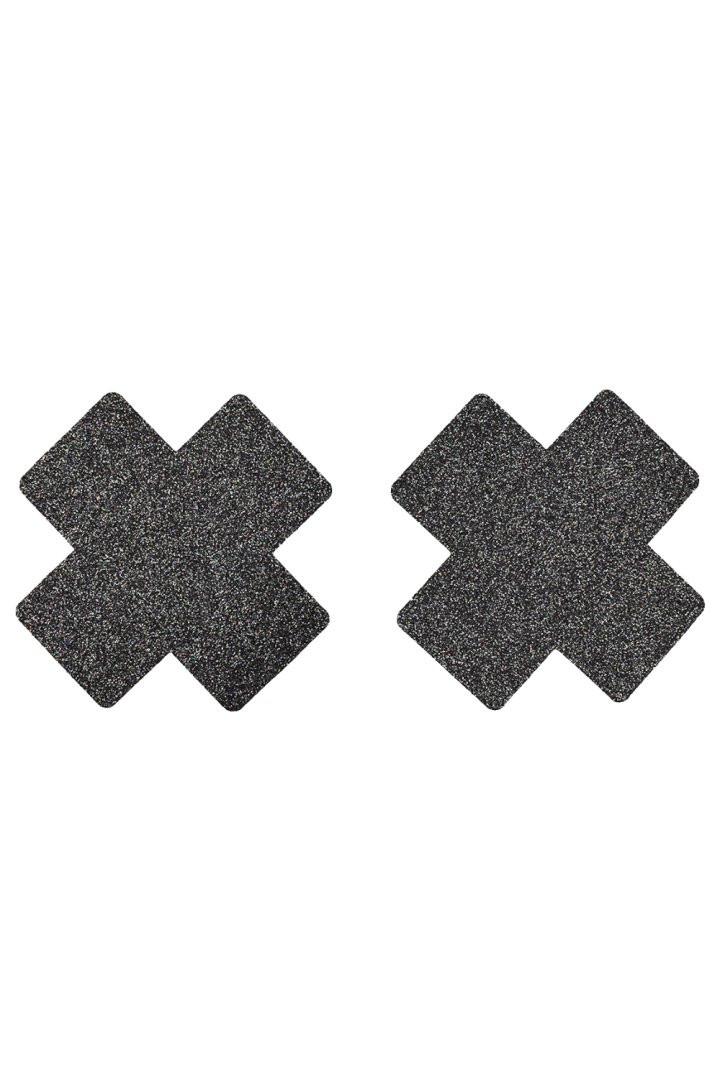 Paire de cache tétons adhésifs croix pailletée noir – Image 2