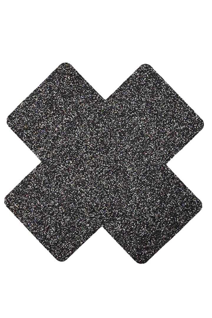 Paire de cache tétons adhésifs croix pailletée noir – Image 3