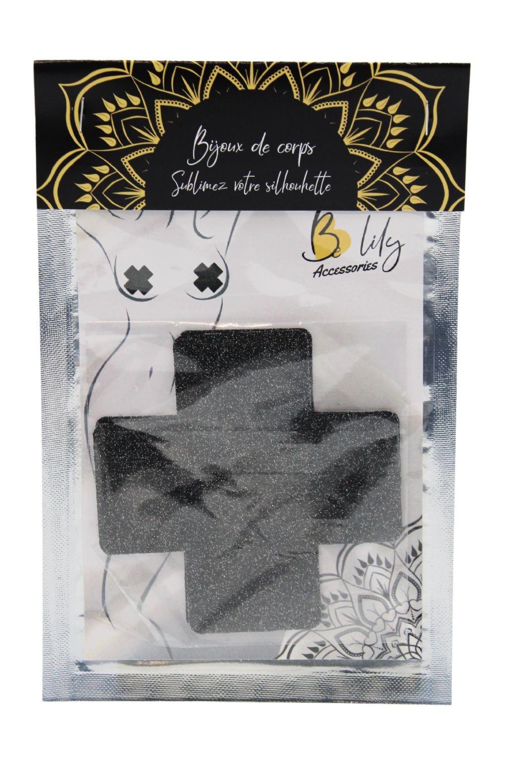 Paire de cache tétons adhésifs croix pailletée noir – Image 4