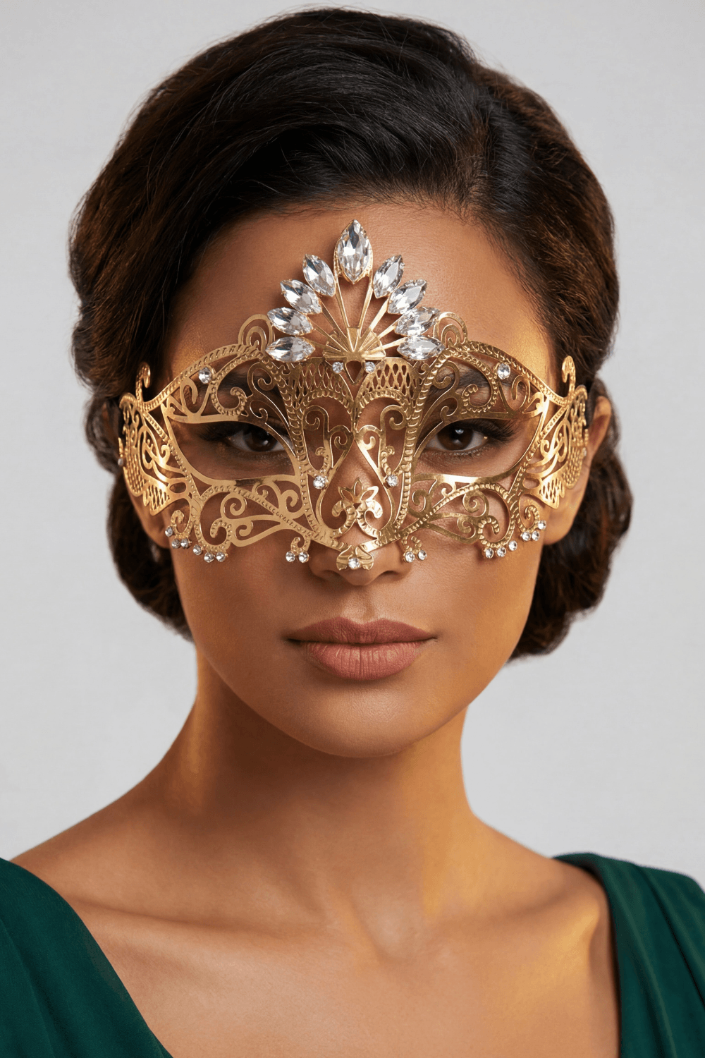 Masque vénitien Gemma rigide doré avec strass