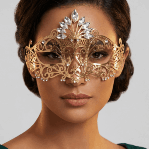 Masque vénitien Gemma rigide doré avec strass