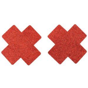 Paire de cache tétons adhésifs croix pailletée rouge