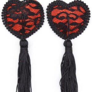 Paire de cache tétons adhésifs en forme de cœur avec dentelle noire et pompom