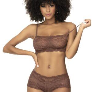 Ensemble 2 pièces en dentelle, top à bretelles et shorty couleur cacao