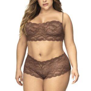 Ensemble 2 pièces en dentelle grande taille, top à bretelles et shorty couleur cacao