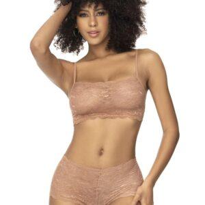 Ensemble 2 pièces en dentelle, top à bretelles et shorty couleur taupe