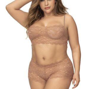 Ensemble 2 pièces en dentelle grande taille, top à bretelles et shorty couleur taupe