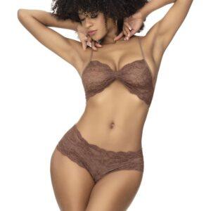 Ensemble 2 pièces, top et tanga en dentelle couleur cacao