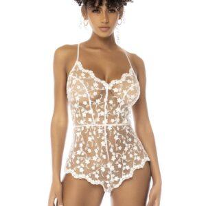 Body blanc transparent Celina avec dentelle brodée florale, bretelles ajustables