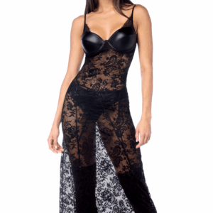 Robe longue sexy en dentelle cuir avec string et porte-jarretelles