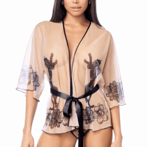 Peignoir sexy en résille imprimée transparente avec string