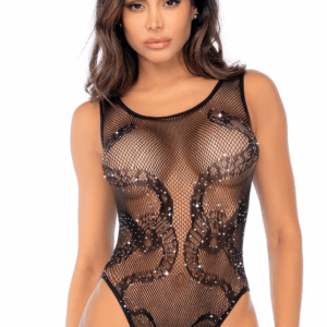 Body noir en résille motif serpent, orné de strass, ouvert à l’entrejambe - Mapalé