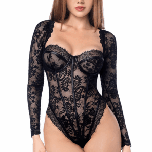 Body sexy manches longues en dentelle gothique et détails effet cuir
