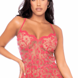 Combishort en dentelle transparente couleur cerise