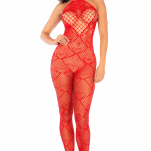 Bodystocking en résille rouge à motif cœur, orné de strass, ouvert à l’entrejambe - Mapalé
