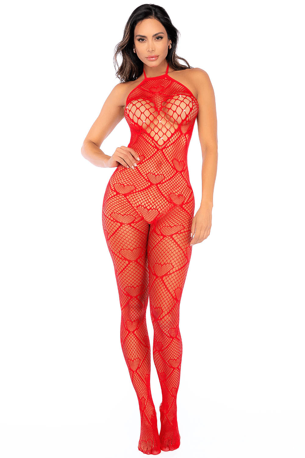 Bodystocking en résille rouge à motif cœur, orné de strass, ouvert à l’entrejambe – Mapalé