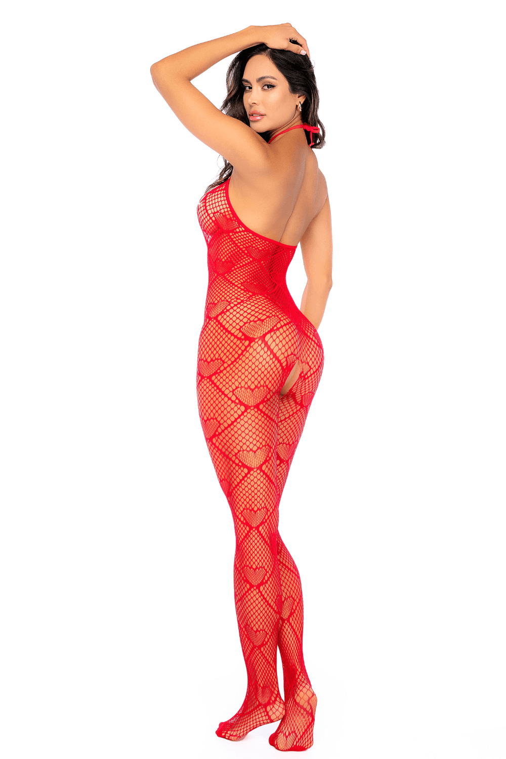 Bodystocking en résille rouge à motif cœur, orné de strass, ouvert à l’entrejambe – Mapalé