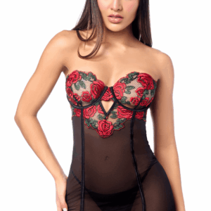 Babydoll sexy à armatures Mapalé broderie roses et string