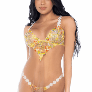 Nuisette transparente brodée jaune et string