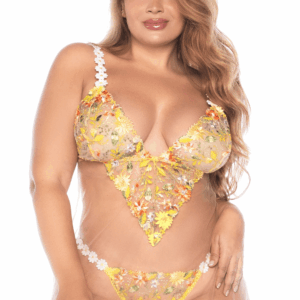 Nuisette grande taille transparente brodée jaune et string