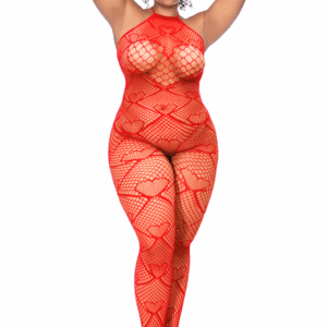 Bodystocking grande taille en résille rouge à motif cœur, orné de strass, ouvert à l’entrejambe - Mapalé