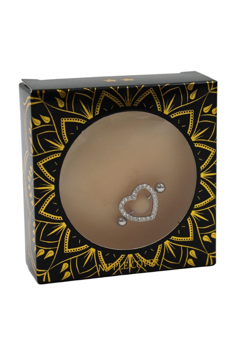 Paire de cache-tétons piercing barre coeur faux diamant peau claire – Image 4
