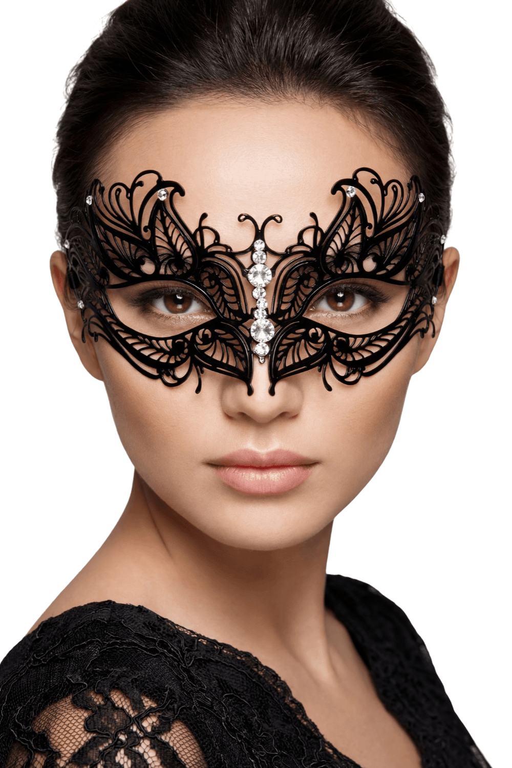 Masque vénitien Greta rigide noir avec strass – Image 2