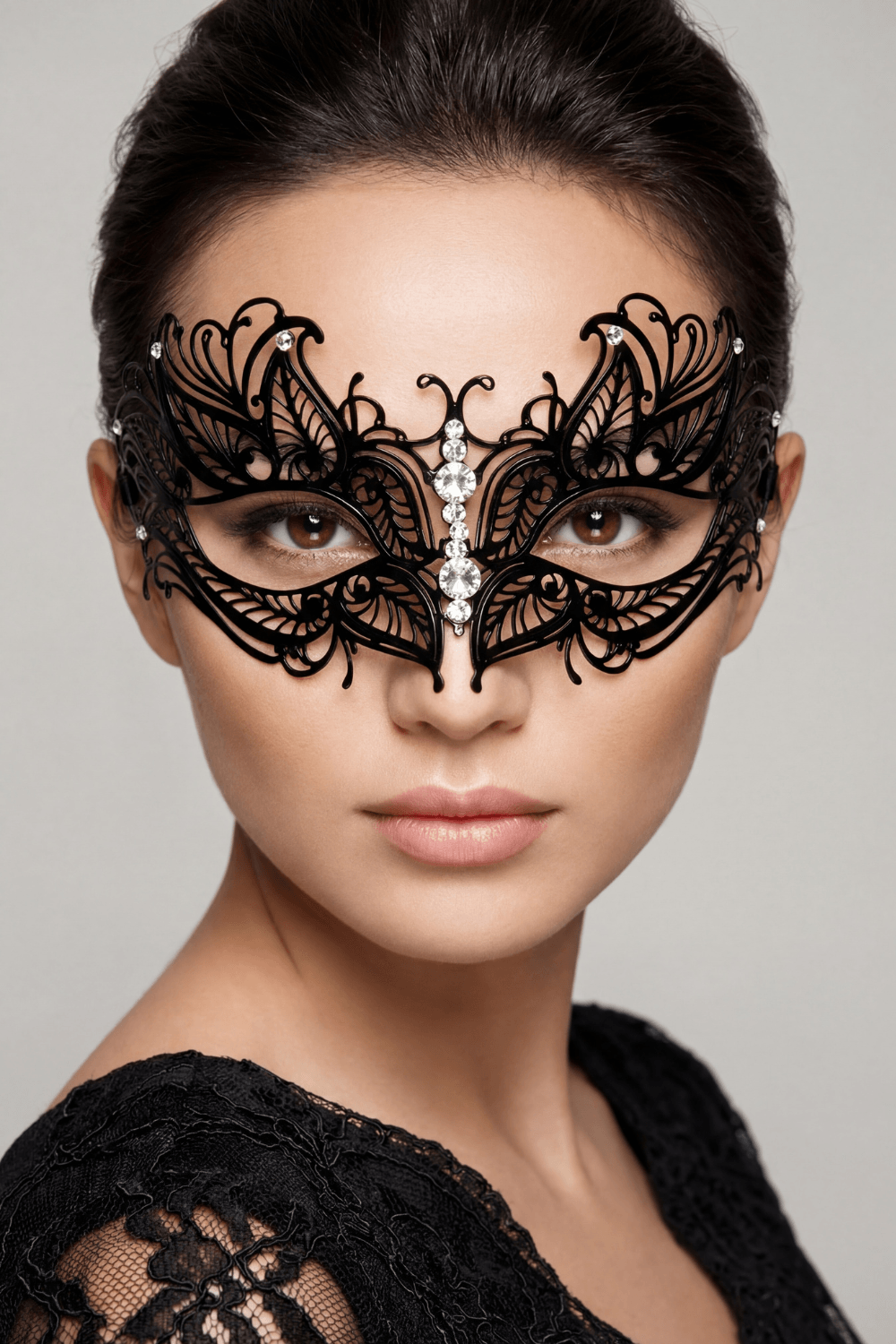 Masque vénitien Greta rigide noir avec strass – Image 6