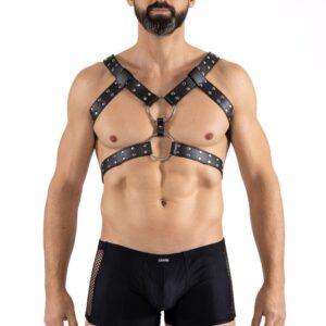 Harnais homme simili cuir avec sangles reliées par de larges anneaux