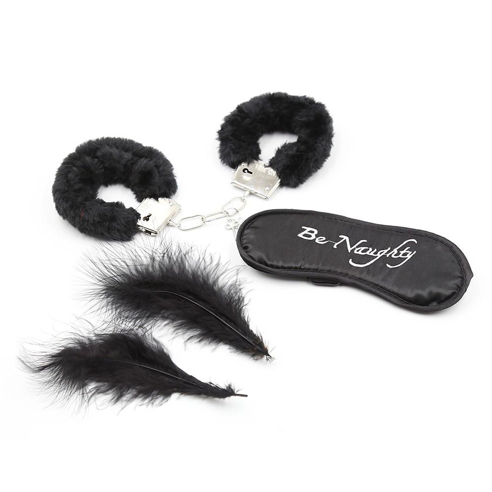 Kit coquin 4 pièces : Menottes, 1 plume et masque