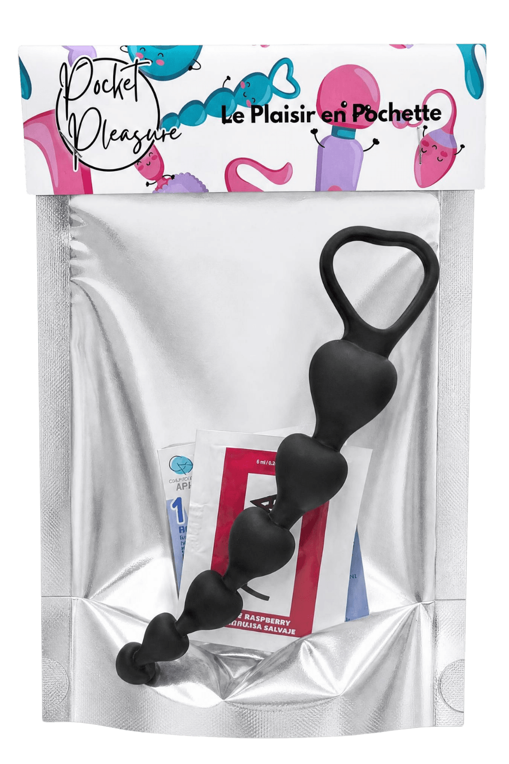 Chapelet Anal Cœur Silicone Noir 1 dosette de lubrifiant — Pocket Pleasure – Image 3