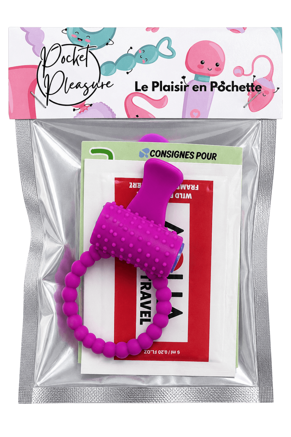 Anneau violet vibrant silicone avec langue picot Pocket Pleasure 1 dosette de lubrifiant