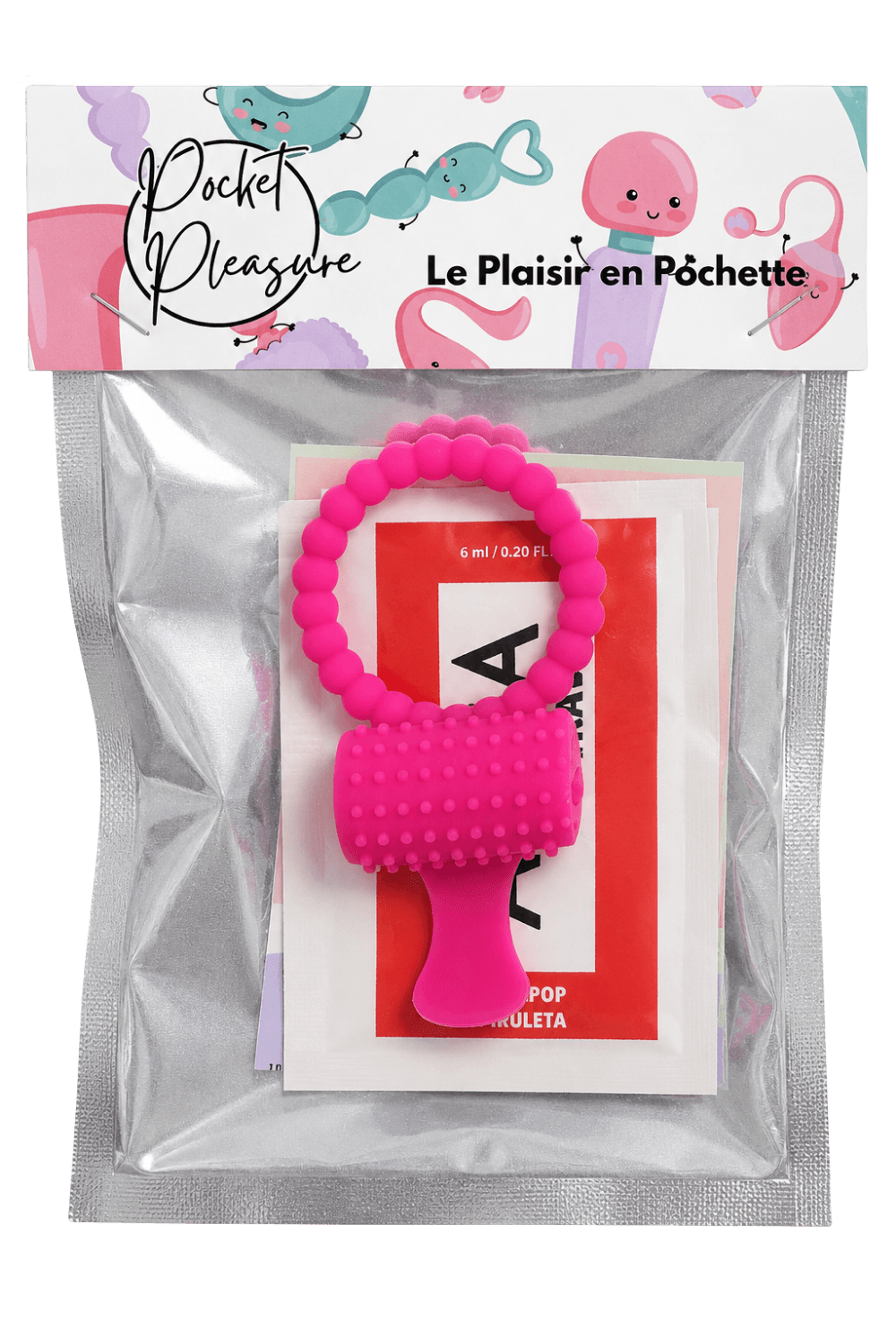Anneau rose vibrant silicone avec langue picot Pocket Pleasure 1 dosette de lubrifiant