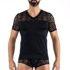T-shirt noir résille brodée Shinny
