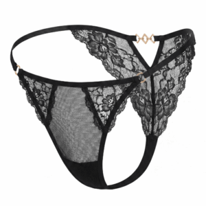 Tanga noir en dentelle avec bijou losanges dorés