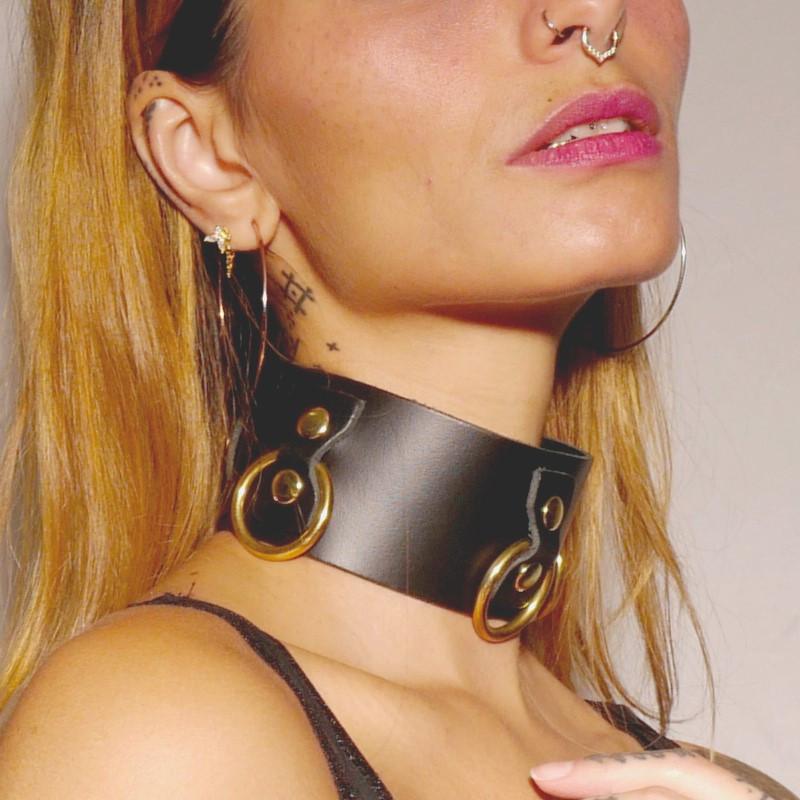 Collier en cuir Collection Anneaux NOIR & GOLD